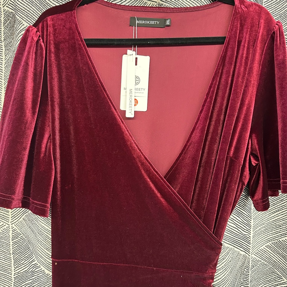 MEROKEETY Women's V Neck Wrap Velvet Maxi Wedding Guest Dress Bell Sleeve <268> - Picture 3 of 7